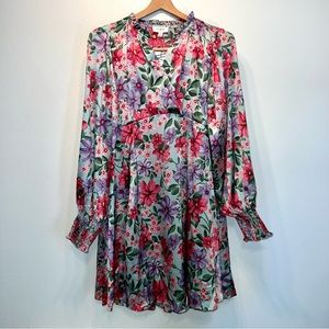 NWT UMGEE Dusty Mint Floral Shift Dress Lantern Ruffle Sleeve V Neck Size M $64